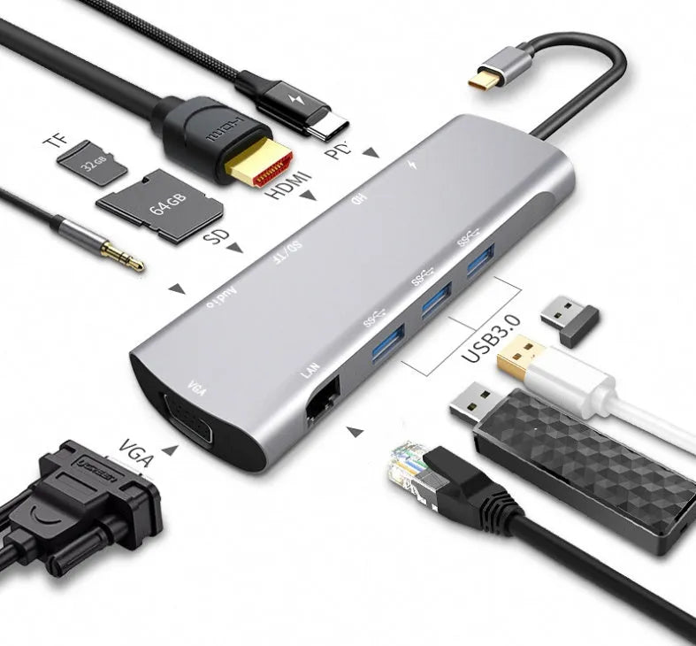 Grey aluminium USB-C docking station with HDMI, VGA, USB ports and 140mm cable