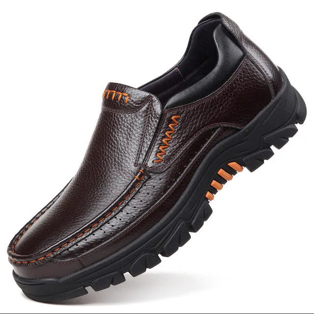 Men's black and brown business casual slip-on shoes with cowhide leather upper and rubber sole