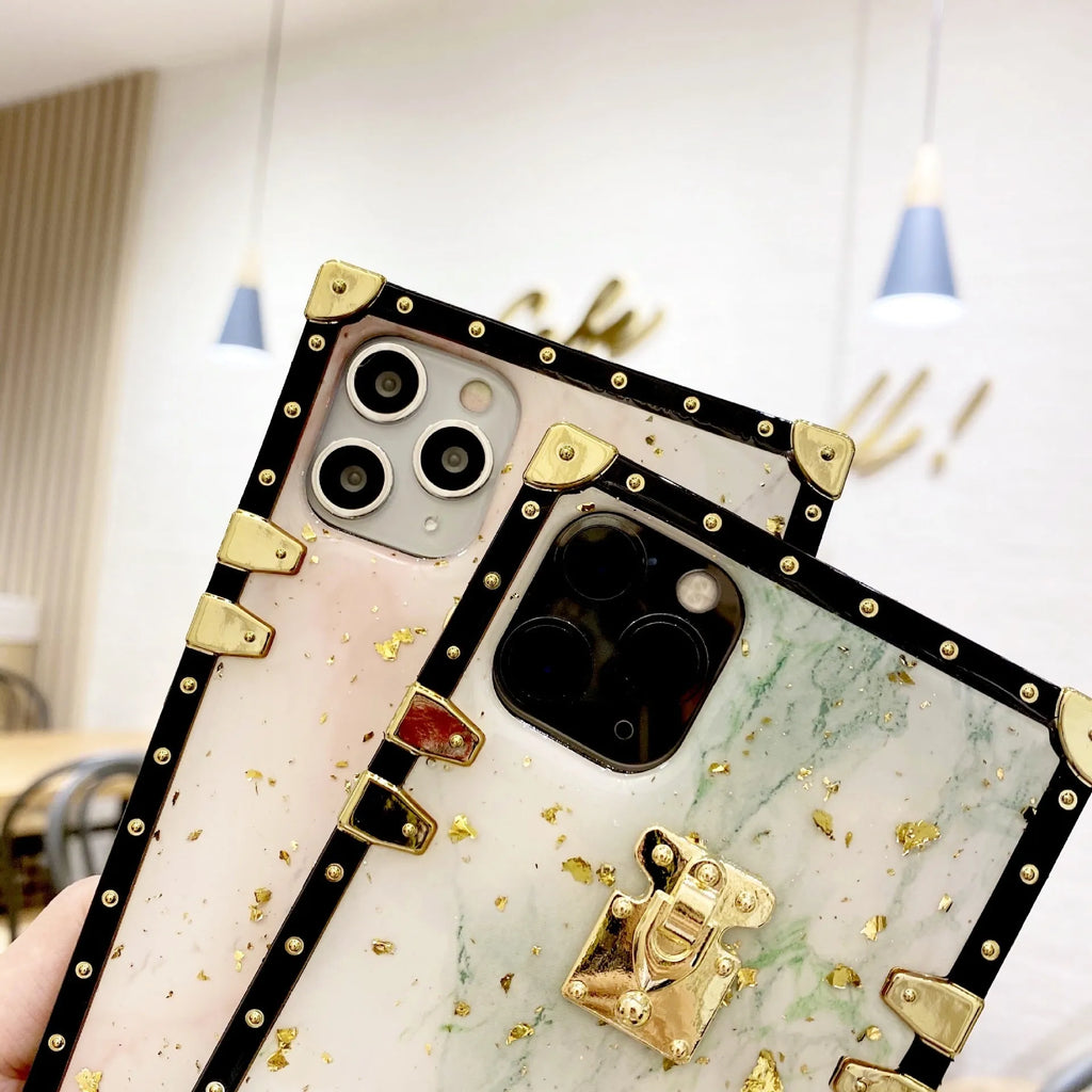 Marbled gold foil epoxy TPU phone case back cover for Apple iPhone and Samsung models in solid colour with gold accents