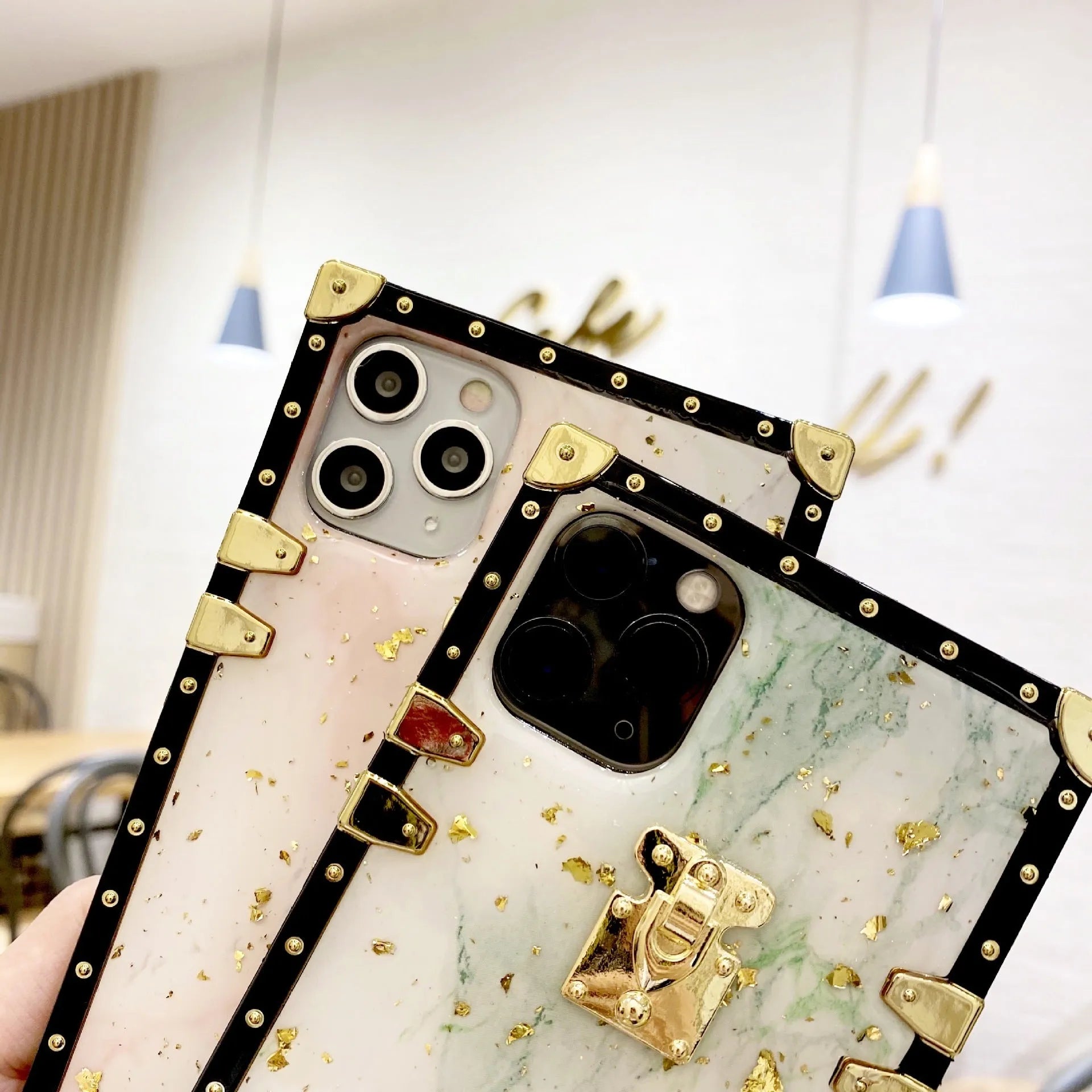 Marbled gold foil epoxy TPU phone case back cover for Apple iPhone and Samsung models in solid colour with gold accents