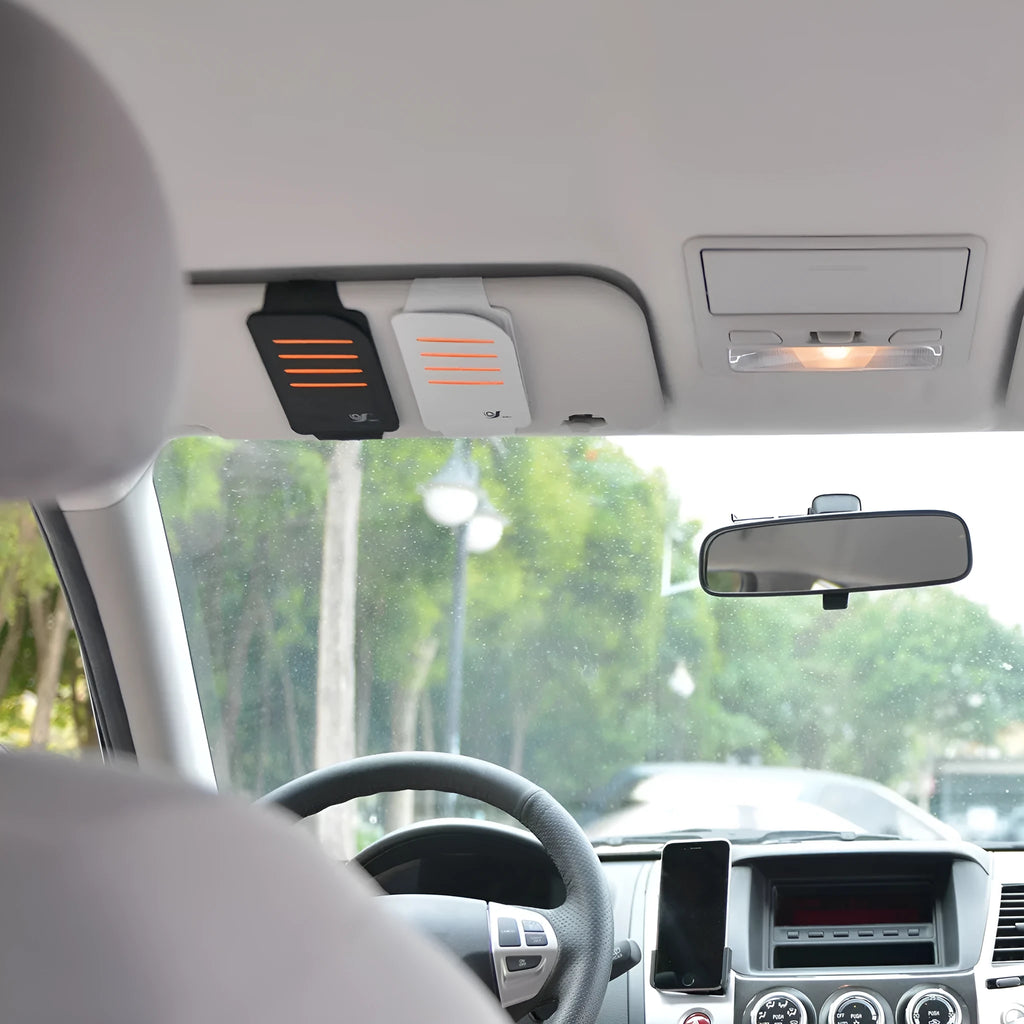 Car sun visor four-pack with storage pouch for vehicle dashboard protection and card organisation