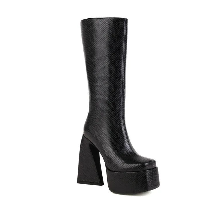 Women's casual high boots in black, red, blue, and white colours with artificial PU upper material
