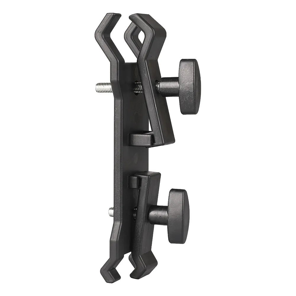 Black ABS tripod umbrella clip with screw-chuck mechanism on a tripod shaft