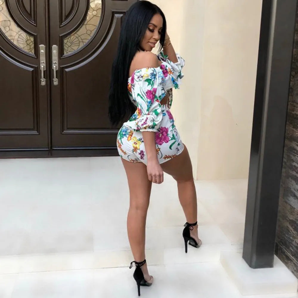 Women's multicolour digital print two-piece set with textured pile sleeves on the top and matching shorts.
