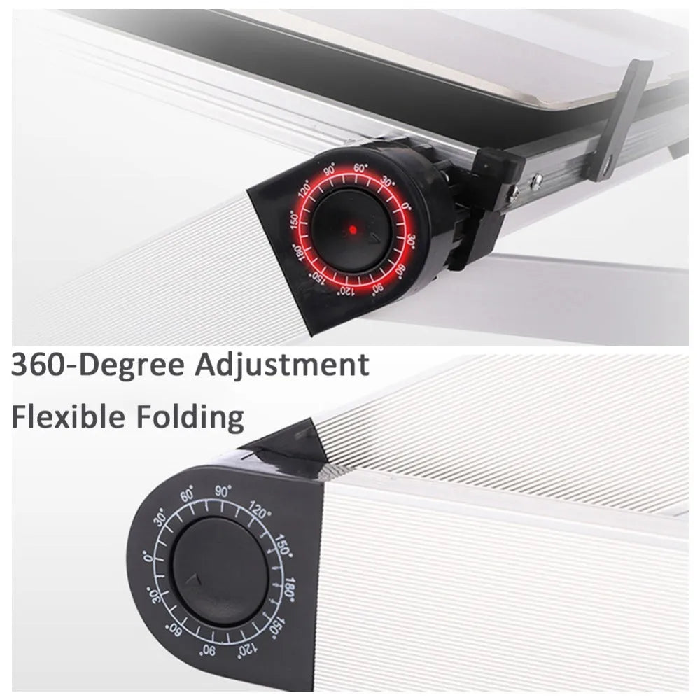 Foldable laptop stand in black with 360 degree adjustable angle on a desk