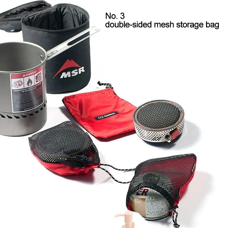 Set of five red outdoor travel storage bags made from Oxford cloth and mesh with zippers.