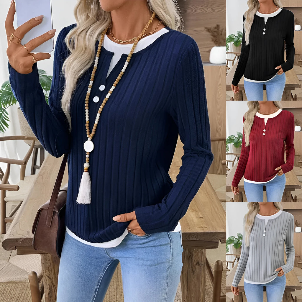 Women's fake two-piece round neck pullover sweater with concave stripe pattern in street fashion style