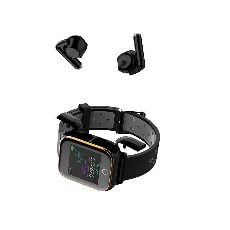 Smart watch with Bluetooth earbuds stored in charging compartment, showing 1.4-inch display with fitness metrics