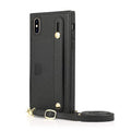 Leather iPhone case with card slots on the back and an attached black wrist strap.