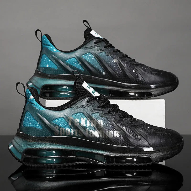 Men's black green platform running shoes with mesh upper and 3-5cm heel height