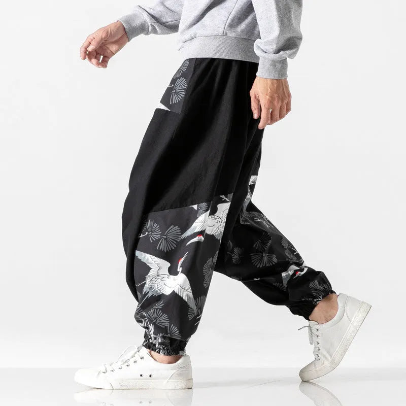 Chinese style crotch big crotch patchwork trousers in black cotton-linen blend, side view