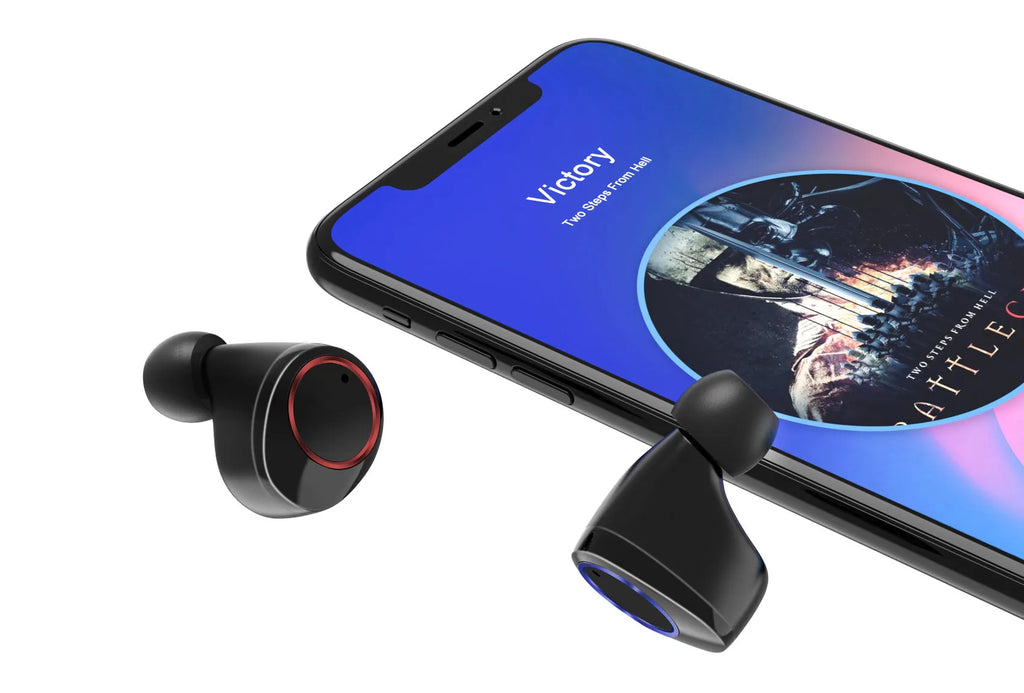 X11 Bluetooth wireless earphones in black with charging case and earpiece sleeves