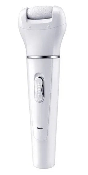 White 5-in-1 electric face and body massager scrubber with 5 interchangeable heads and rechargeable base