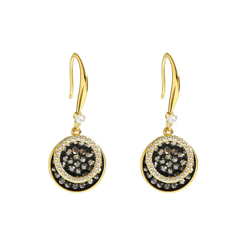 Black geometric round piece alloy earrings with 3.6cm drop length, retro Hong Kong style