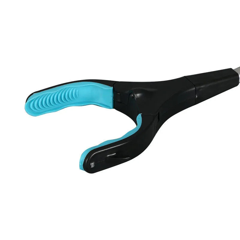 Blue telescopic folding walking stick shown extended and collapsed to 13cm, with TPR handle.