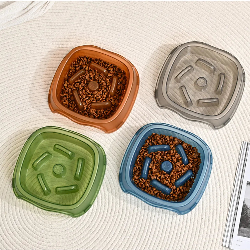 Plastic dog slow feeding bowl with anti-choking design in blue, grey, green, and orange colour options