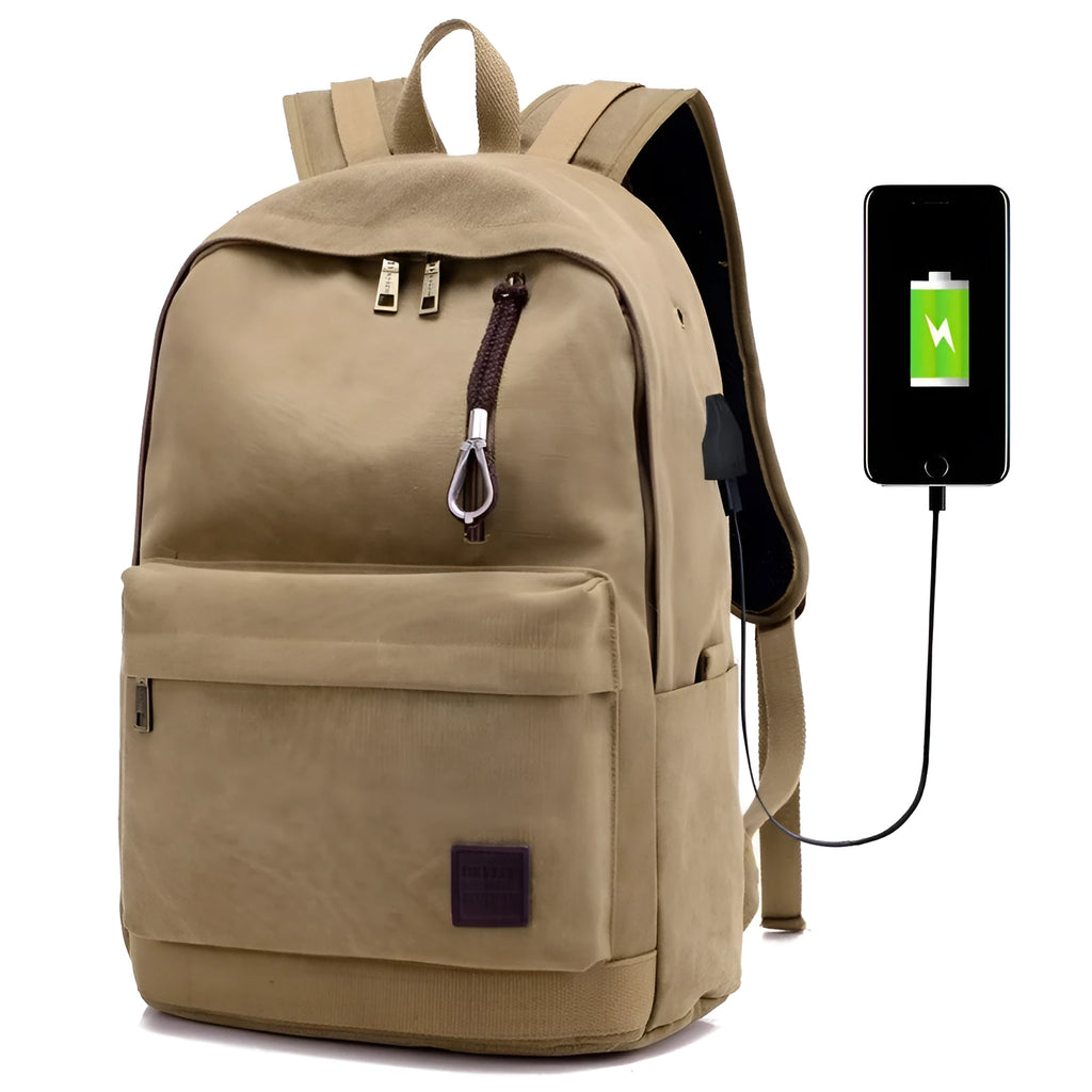 Coffee coloured canvas backpack with USB charging port and multiple zippered compartments