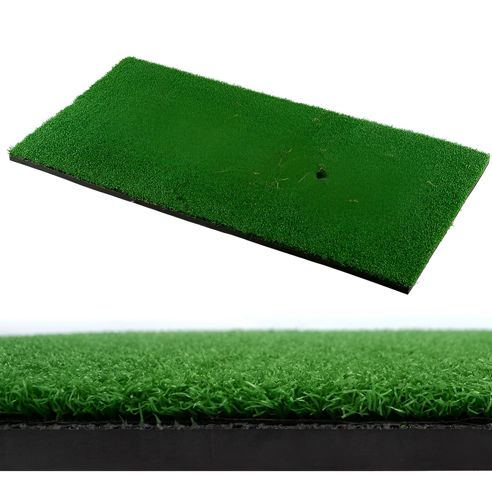 Green golf swing practice mat made of rubber and nylon, 15mm thick, on a driving range surface