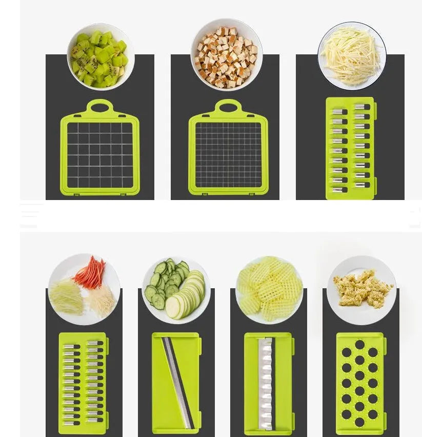 Multifunctional Vegetable Cutter with 7 blades, body in wheat straw material, stainless steel blades, 31.8x11.5x11.5 cm, on kitchen counter