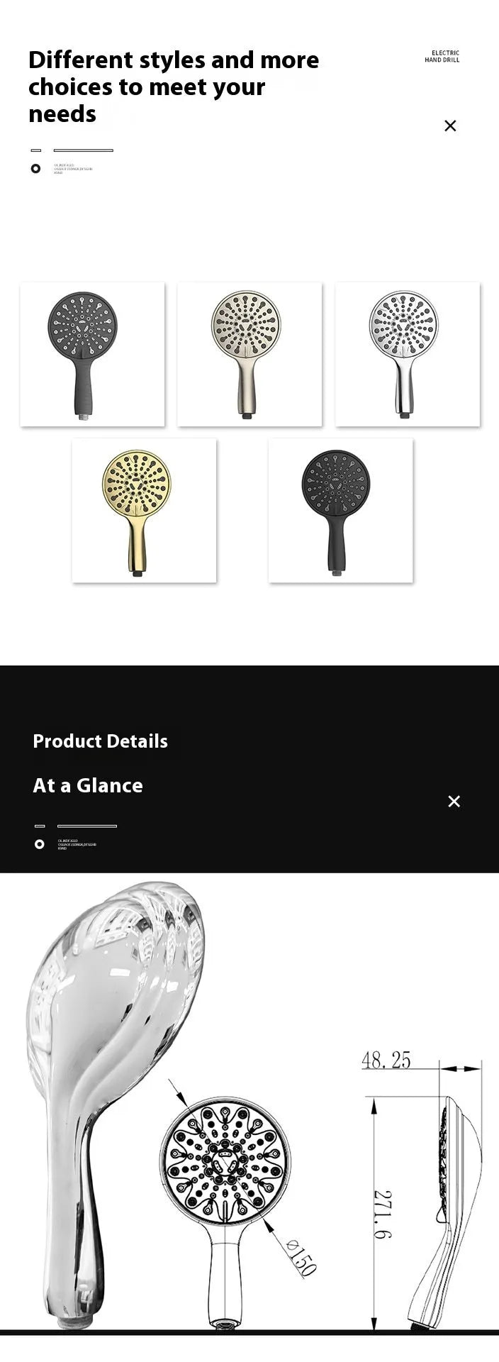 Six-function handheld shower head with electroplating finish and multiple spray modes