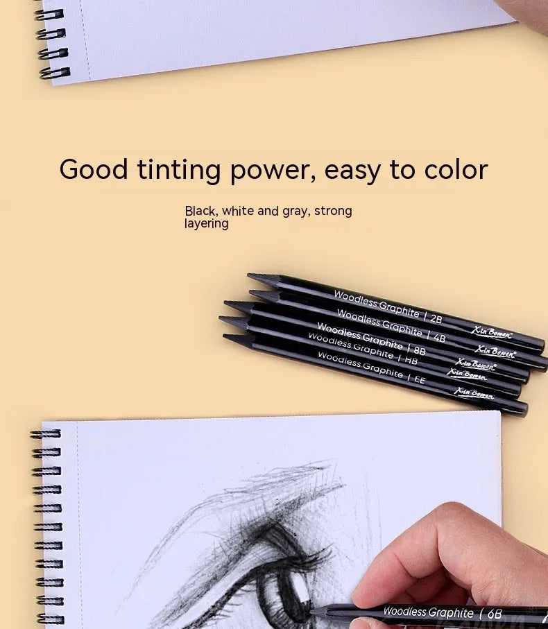 Set of six wood-free graphite sketching pencils with HB, 2B, 4B, 6B, 8B, and EE hardness grades