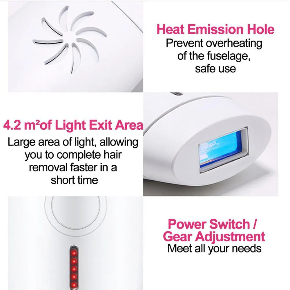 White home laser hair removal handset unit with display, shown next to its power adapter.