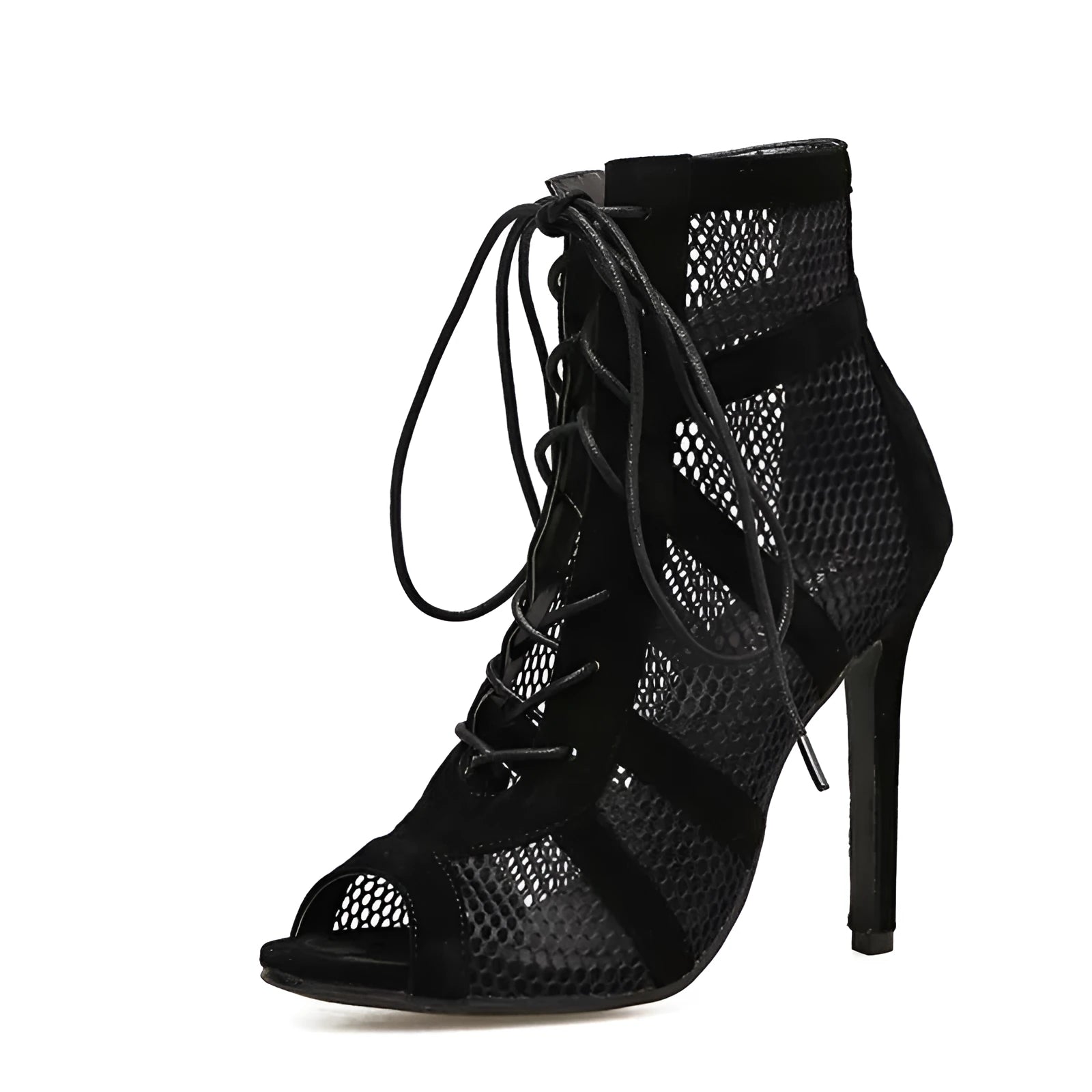 Black suede women's lace-up high heel shoes with a stiletto heel on a white background.