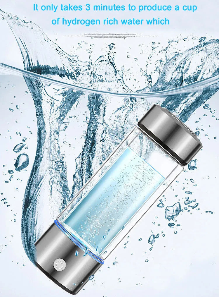 Portable hydrogen water cup with high borosilicate glass body and 304 stainless steel components, showing electrolysis bubbles.