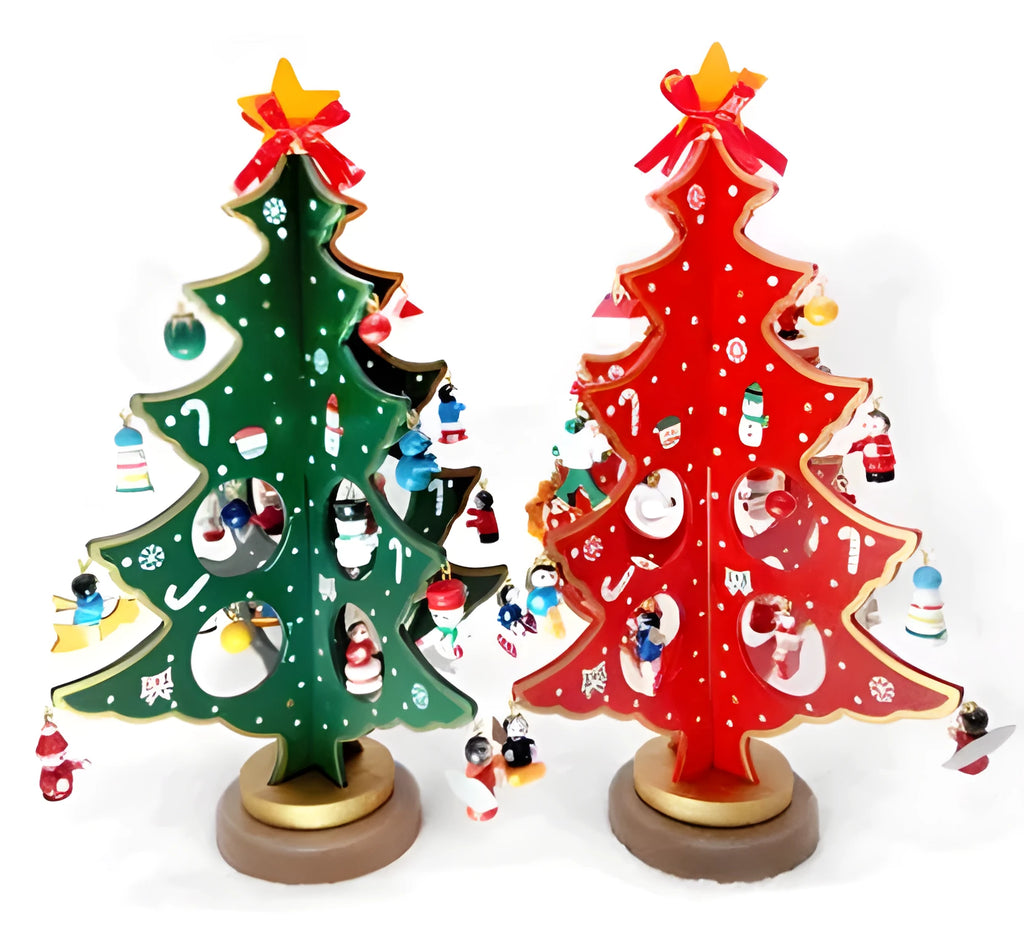Hand-painted wooden desktop Christmas tree decoration in red or green colour options