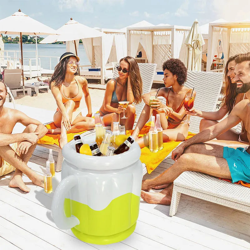 Yellow inflatable PVC ice bucket designed for chilling beer steins and drinks.