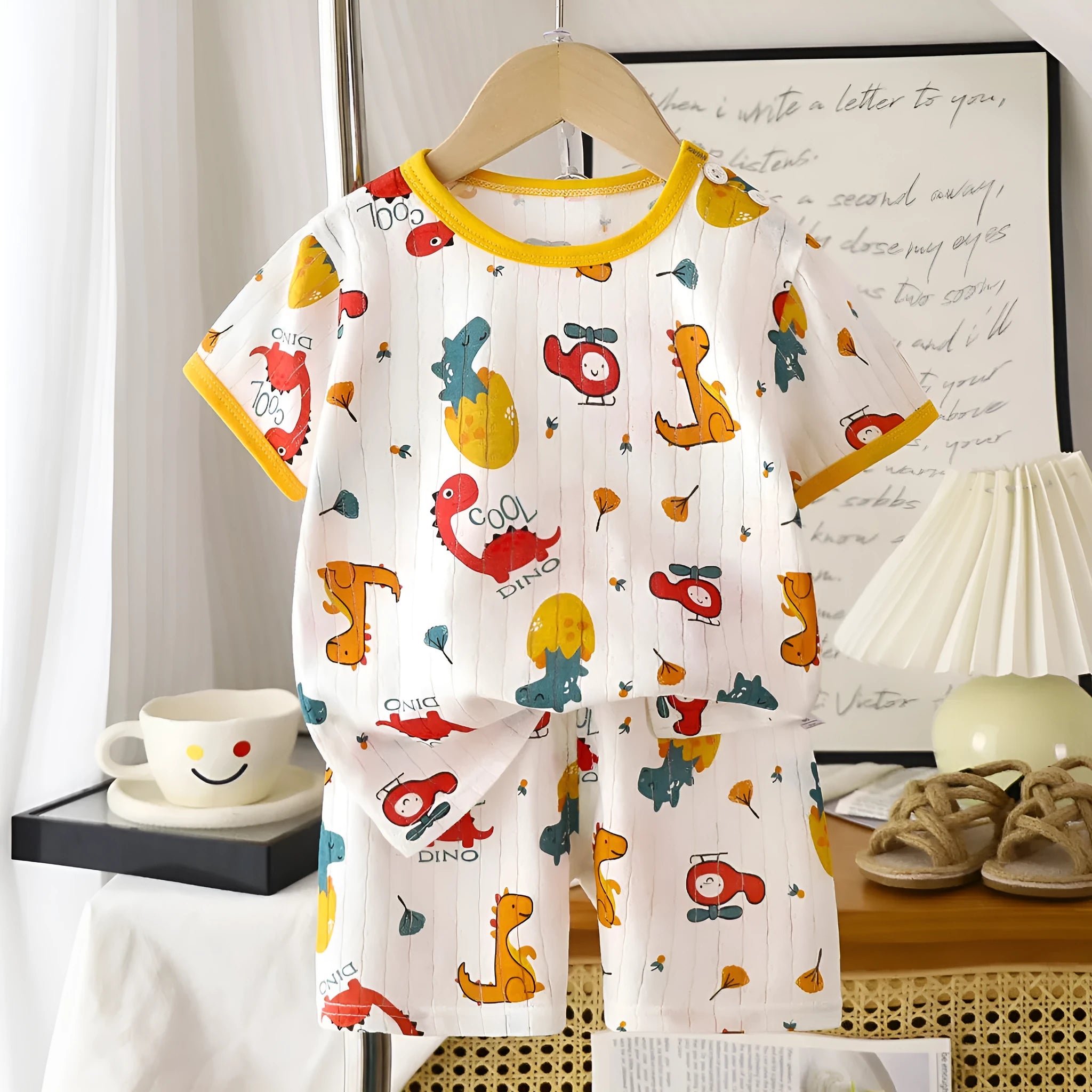 Children's cotton short-sleeved shorts suit with cartoon airplane dinosaur print, available in multiple sizes for summer