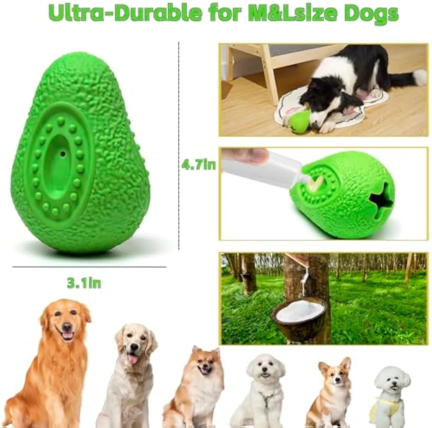 Green avocado-shaped rubber dog chew toy for aggressive chewers with textured surface