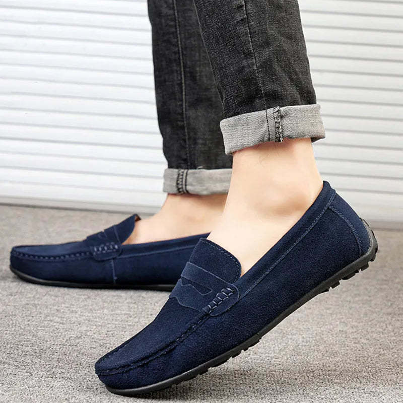Men's suede slip-on loafers in solid colours with round toe and flat rubber sole