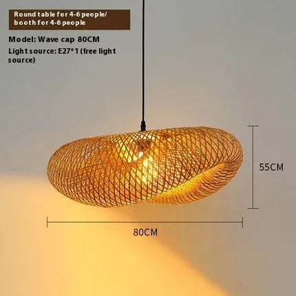 Straw hat-shaped bamboo hanging ceiling lamp with woven natural fibre texture