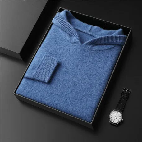 Men's cashmere hooded thickened sweater in loose fit, solid black colour, long sleeve winter pullover