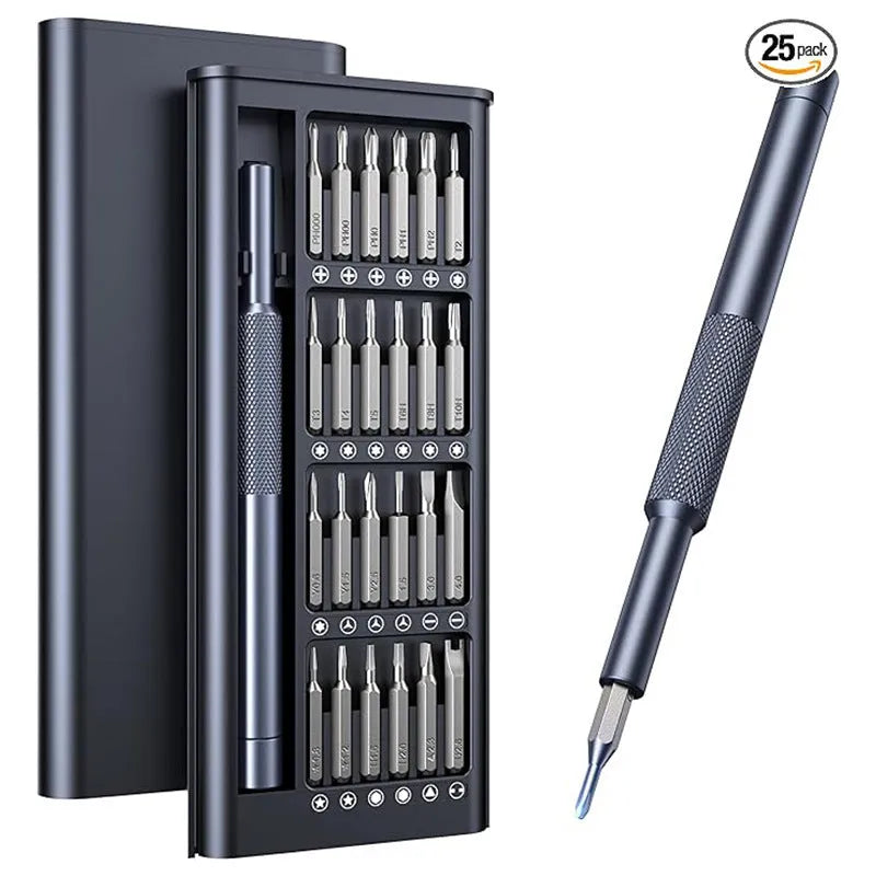 25-in-one magnetic screwdriver set with knurled handle and chrome vanadium steel bits