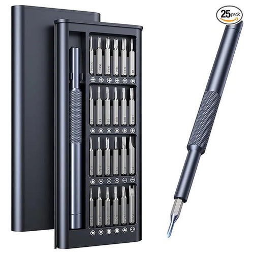 25-in-one magnetic screwdriver set with knurled handle and chrome vanadium steel bits