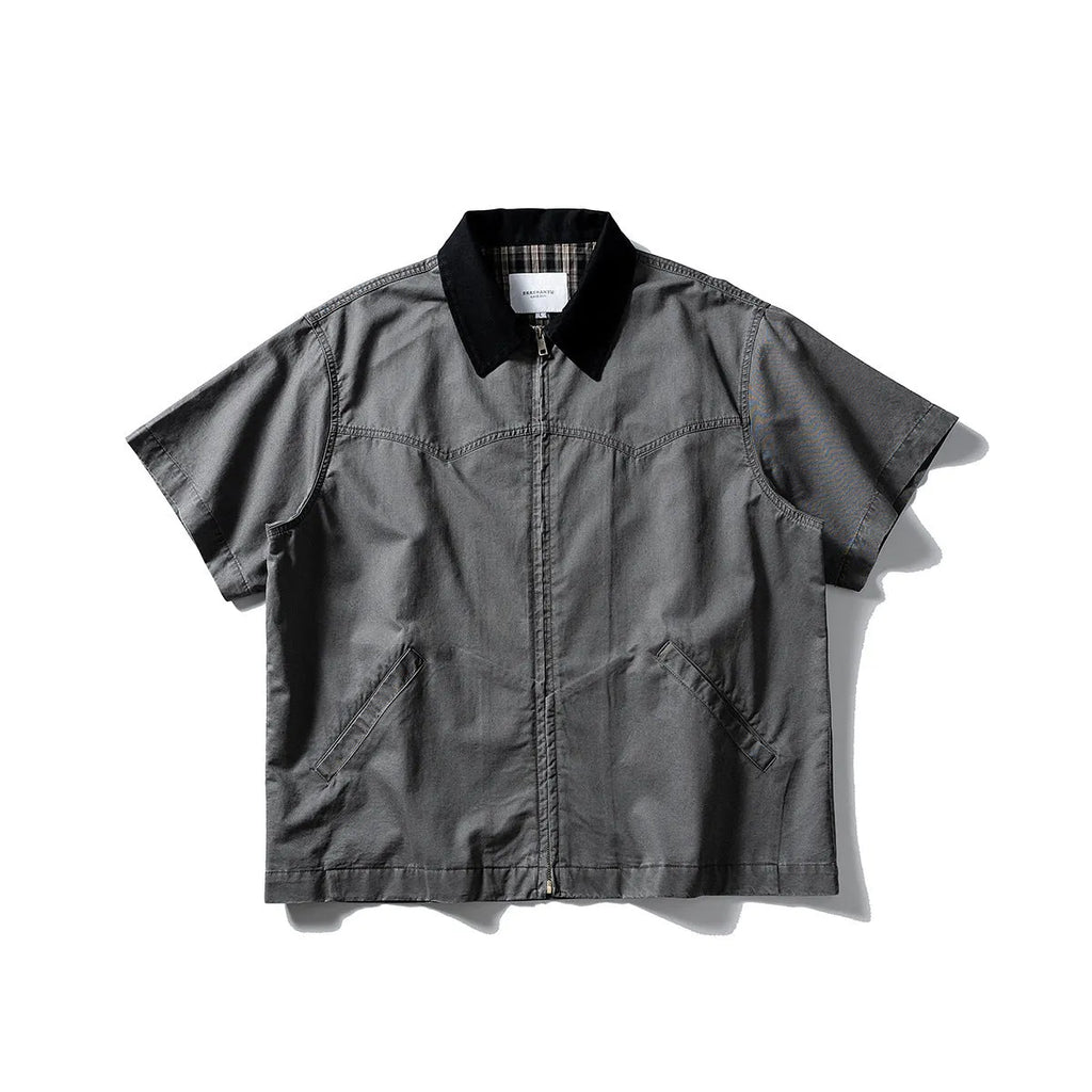 Men's washed cotton short sleeve overall shirt in loose cardigan style