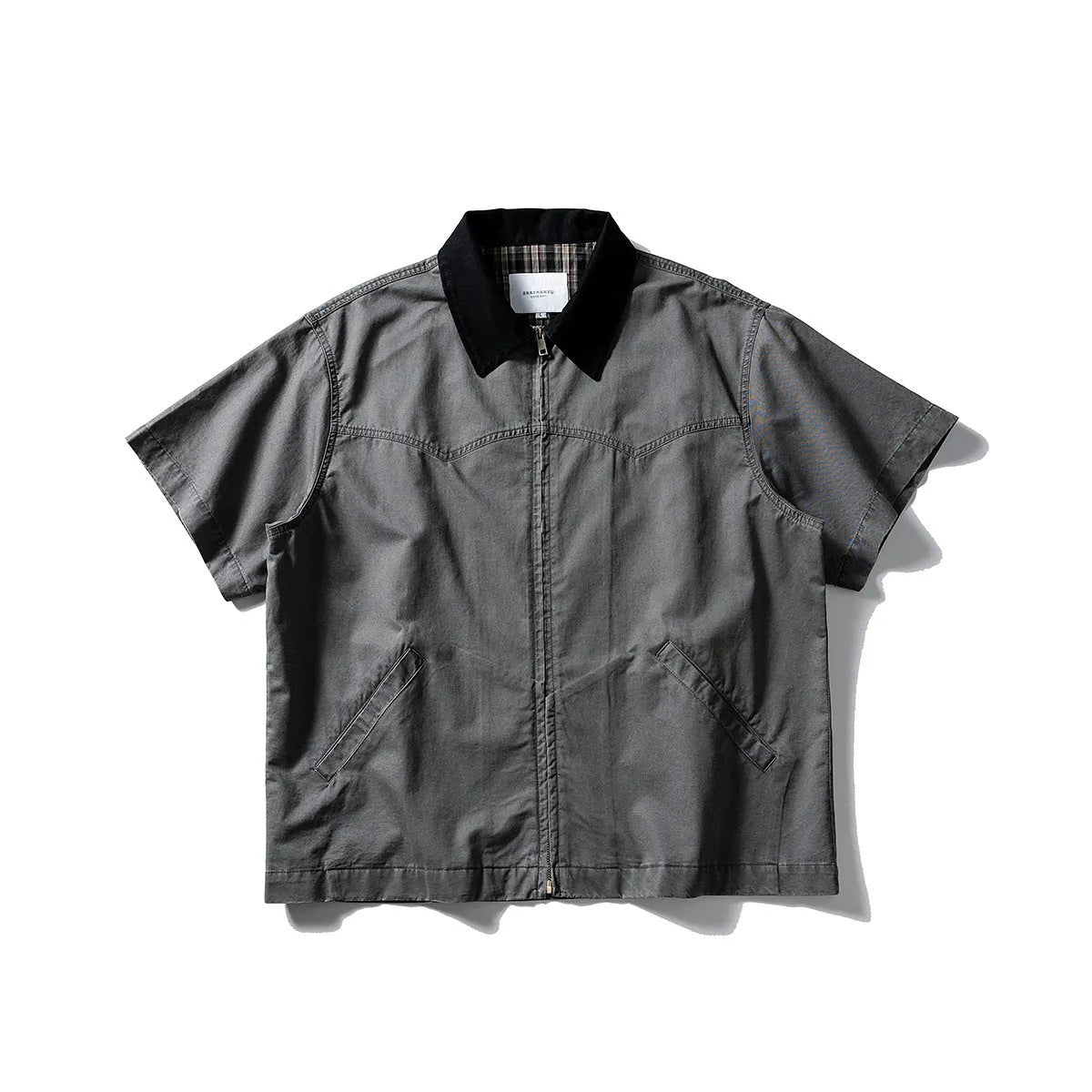 Men's washed cotton short sleeve overall shirt in loose cardigan style