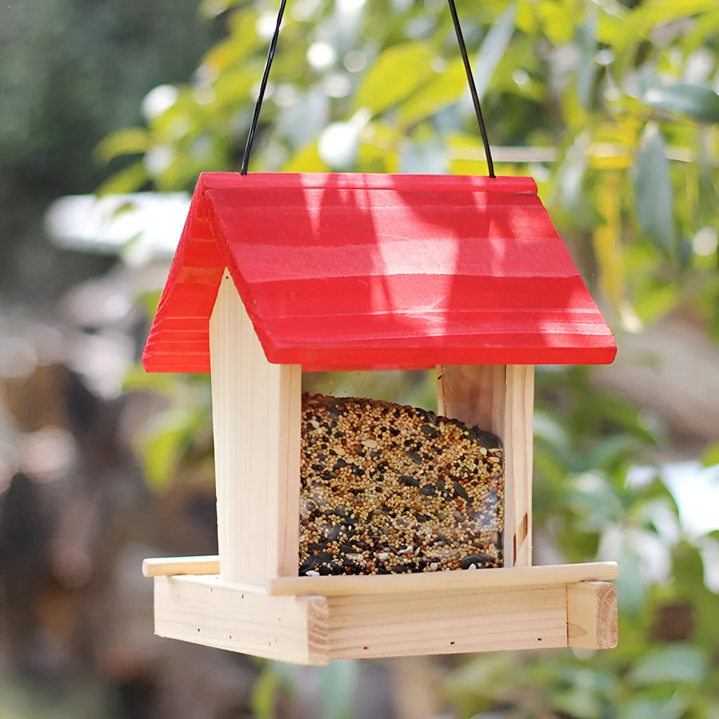 Suspended rain-proof field dispenser feeder with red roof and log-textured pine body