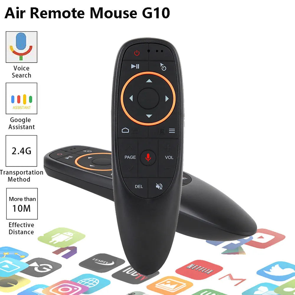G10 series intelligent voice remote control with plastic shell and silicone buttons showing three colour-coded model variants