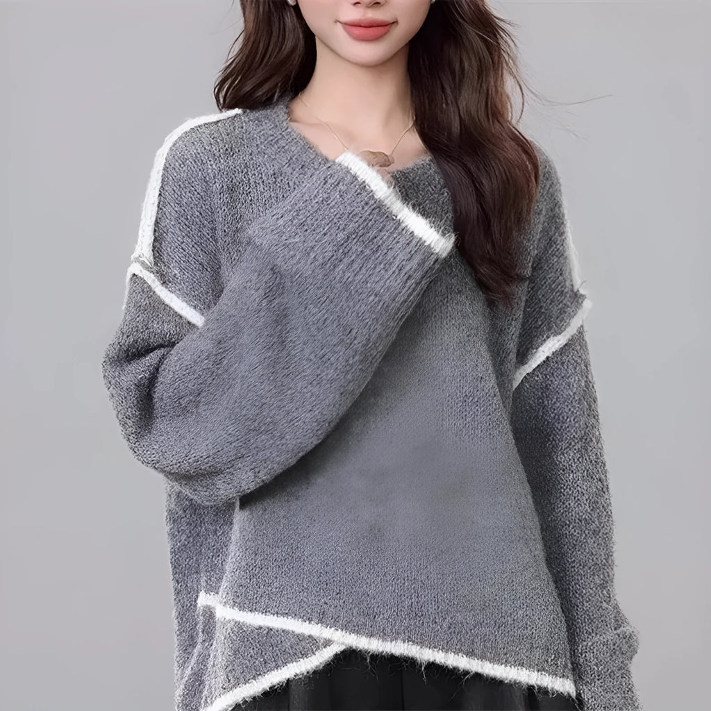 Women's idle style gray cotton loose pullover sweater on a plain background