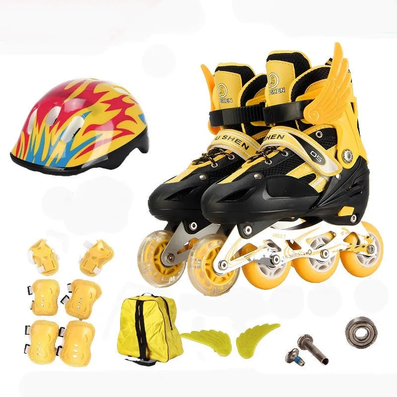 Yellow adjustable children's roller skates with aluminium frame, PU wheels, and a set of protective gear including helmet.