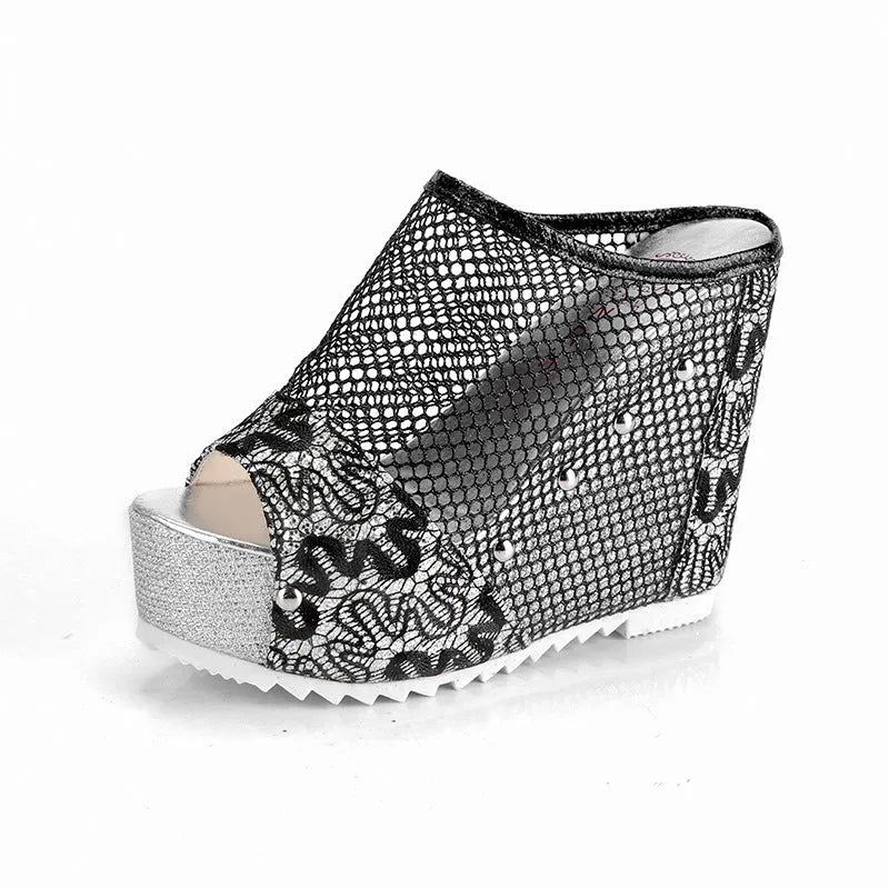 Korean women's platform flip flops with hollowed heel and chunky sole in black, gold, and silver colours.