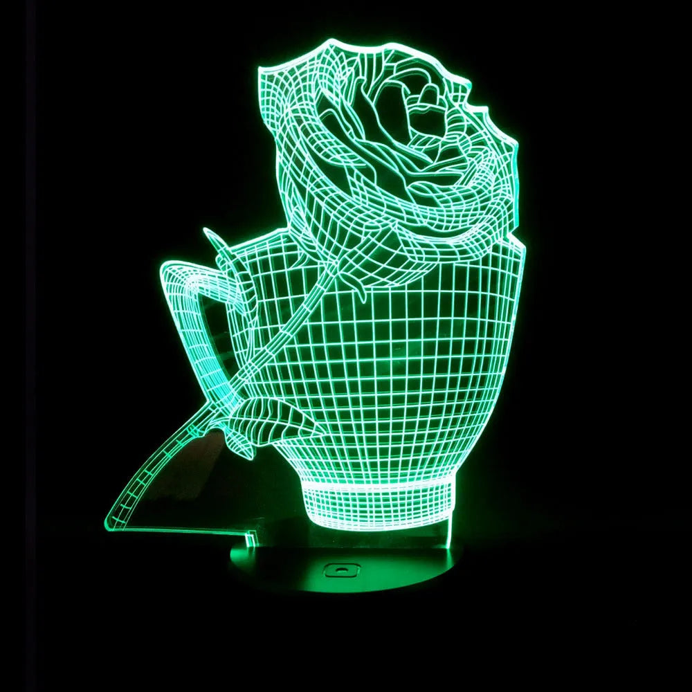 3D rose-shaped LED night light showing colour-changing glow on acrylic panel with ABS base.
