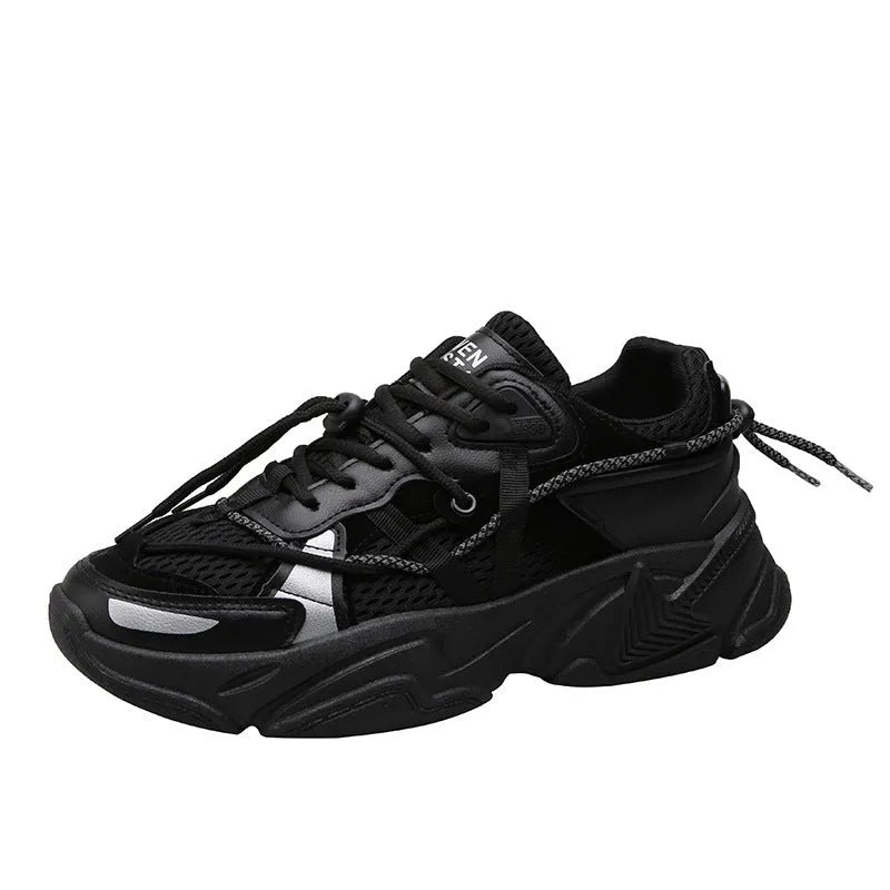 Men's Korean style platform dad shoes in white, black, or grey with mesh lining and lace-up front