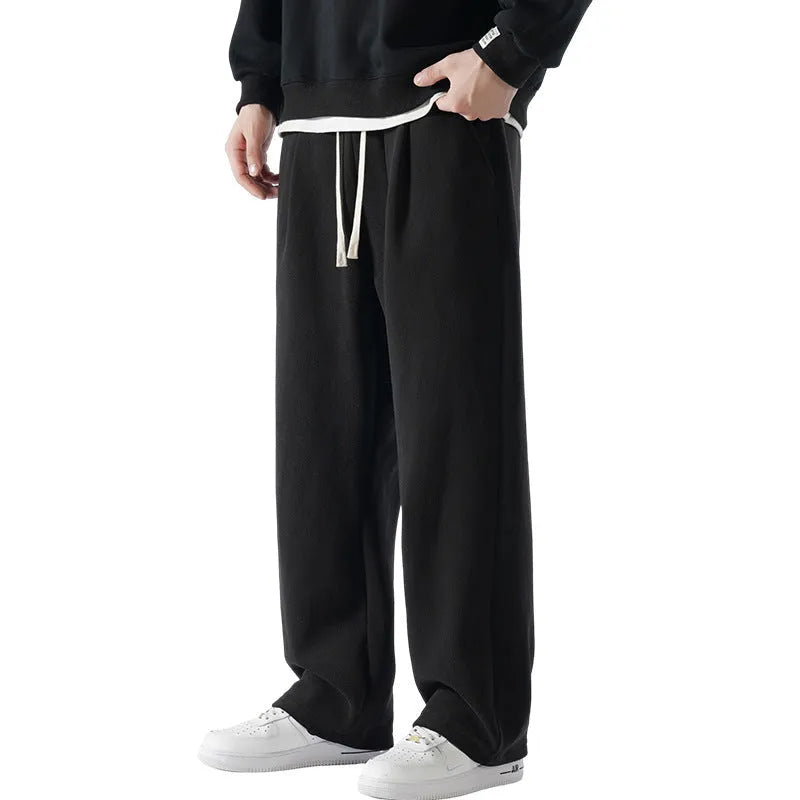 Men's apricot fleece-lined loose sports casual pants with drawstring waist