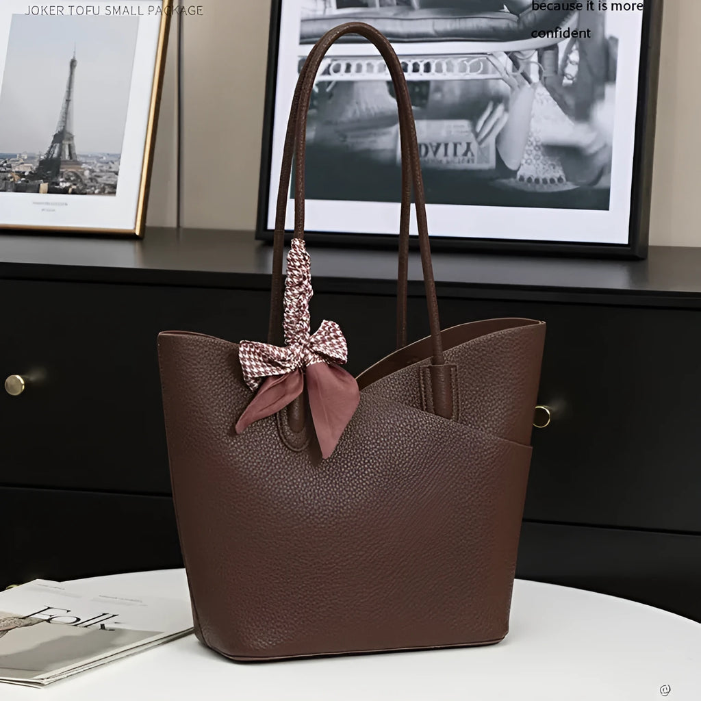 PU large-capacity casual shoulder handbag in brown with vertical square shape and sewing line detailing