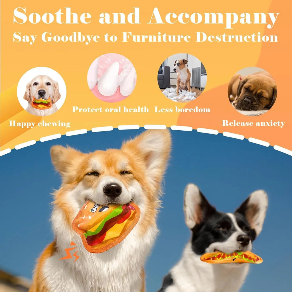 Four colourful dog toys shaped like hamburger, fries, hot dog and pizza with crinkle and squeak features
