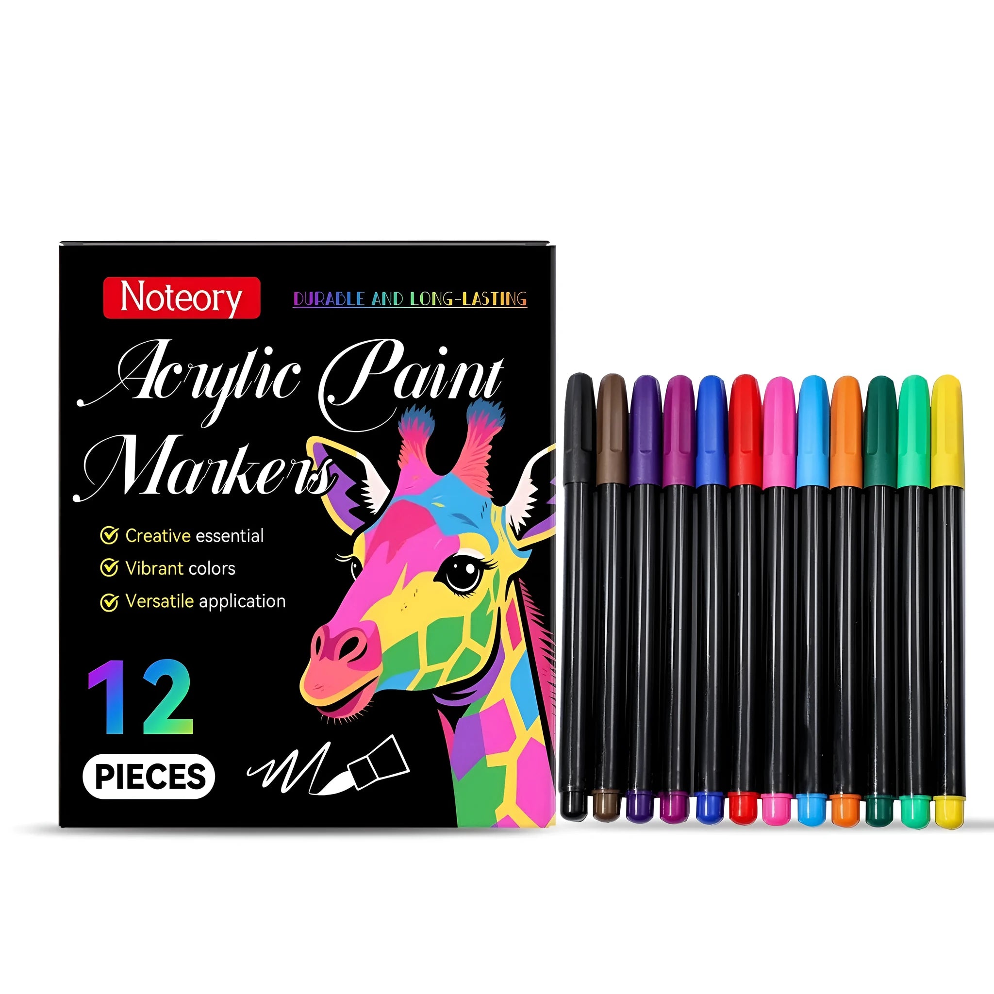 Set of 12 acrylic paint markers with opaque ink for use on paper, wood, glass, and fabric.